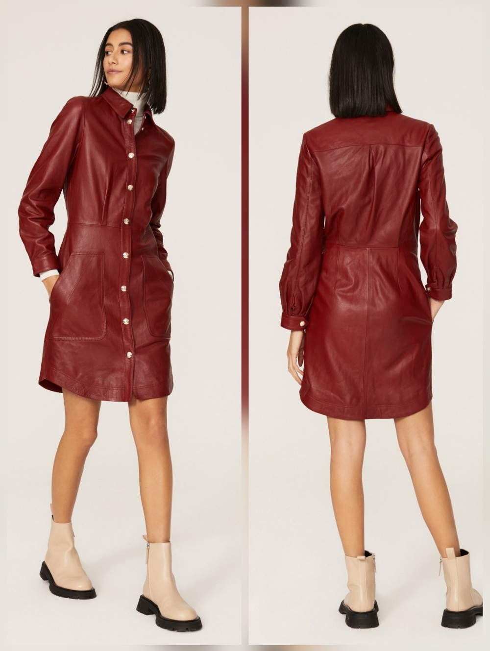 Tommy Hilfiger Red Leather Shirtdress Collared neckline Long sleeves Size 32